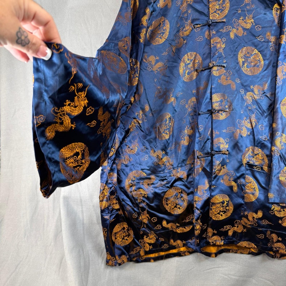 Vintage 1970s Golden Dragon Chinese Brocade Tang Jacket XXL Navy Gold Dragon - Picture 3 of 14